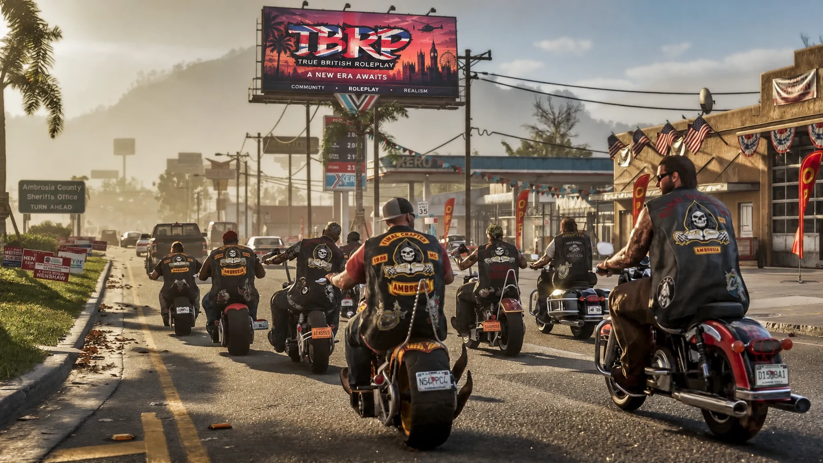 TBRP promotional concept artwork of a biker convoy riding through Leonida