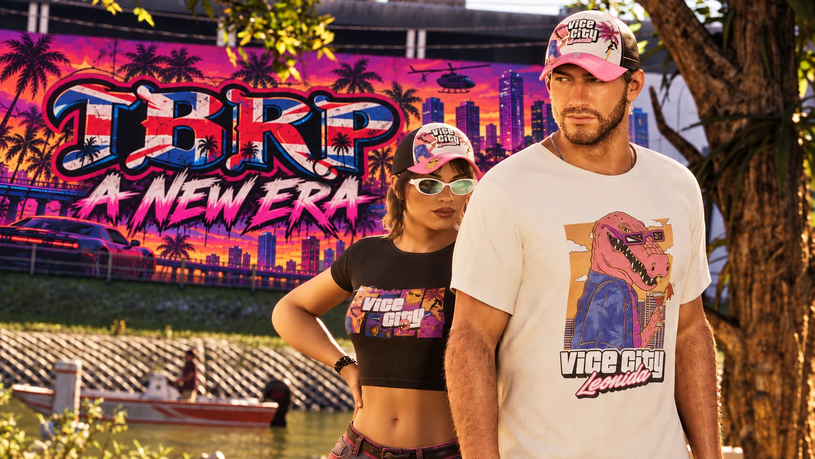 TBRP True British Roleplay concept artwork with two characters beneath a neon sign